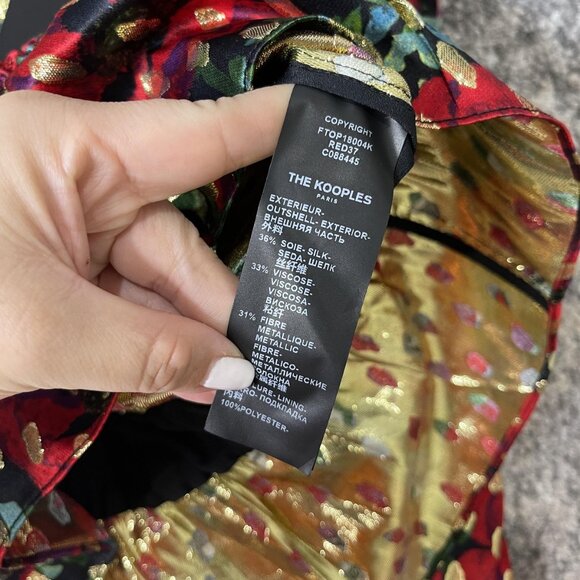 The Kooples Blouse Womens Small Red Gold Giant Poppy Metallic Long Sleeve Floral - Picture 7 of 9